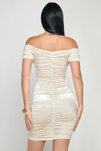 Shiny Velvet Off-Shoulder Ruched Mini Dress Bella Moda Latina