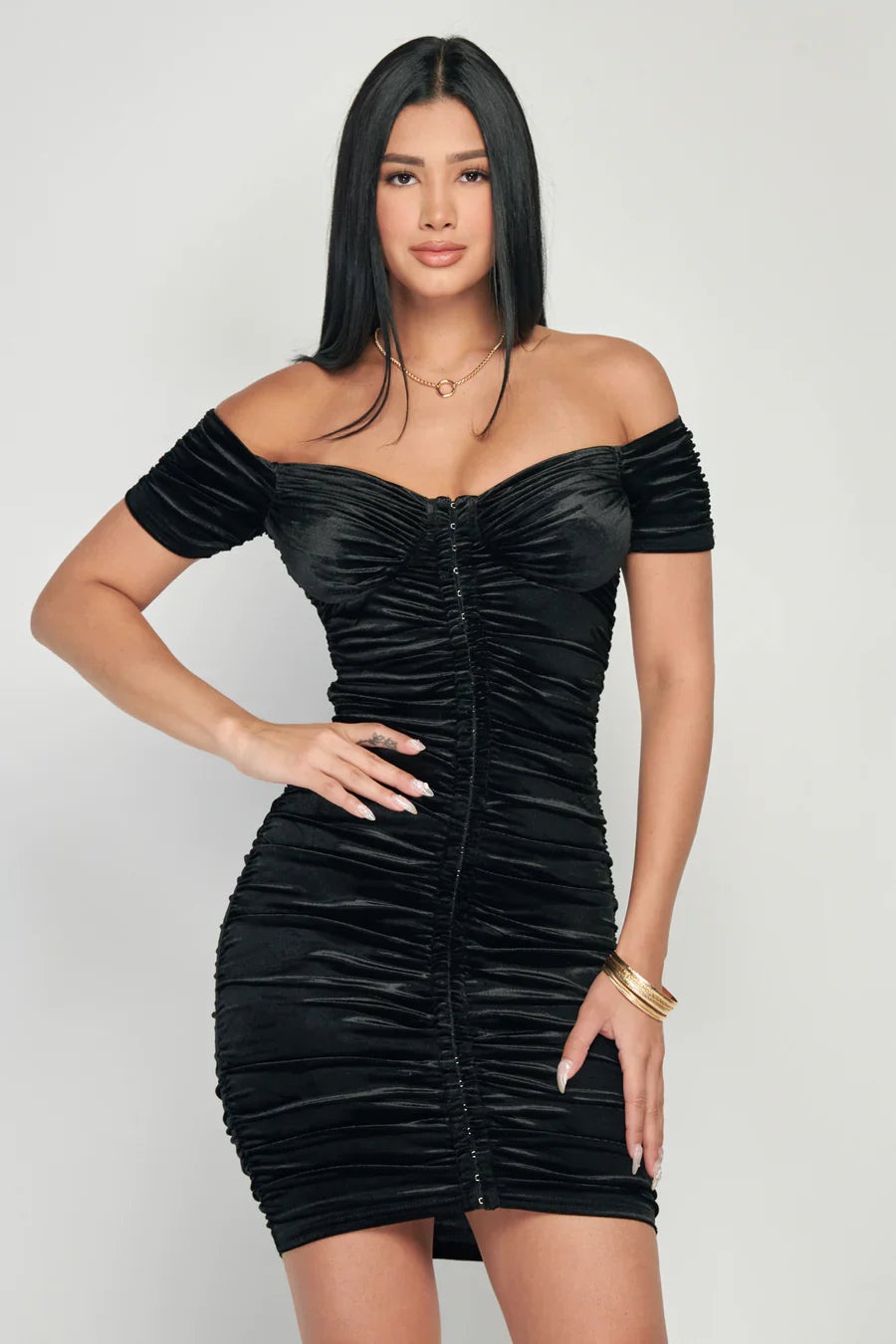 Shiny Velvet Off-Shoulder Ruched Mini Dress Bella Moda Latina