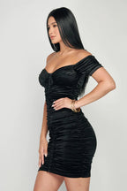 Shiny Velvet Off-Shoulder Ruched Mini Dress Bella Moda Latina
