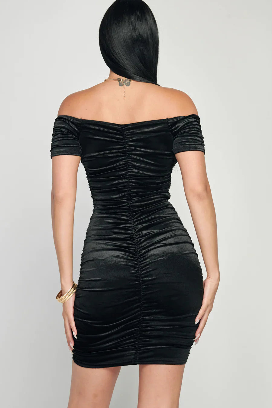 Shiny Velvet Off-Shoulder Ruched Mini Dress Bella Moda Latina