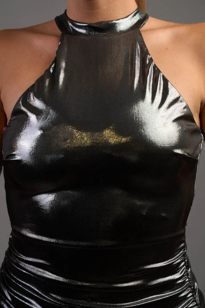 CHIC METALLIC SHINY SLINKY HALTER SLIT MIDI DRESS Bella Moda Latina