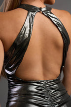 CHIC METALLIC SHINY SLINKY HALTER SLIT MIDI DRESS Bella Moda Latina