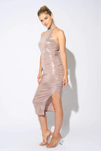 CHIC METALLIC SHINY SLINKY HALTER SLIT MIDI DRESS Bella Moda Latina