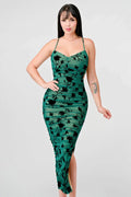 CLASSY MESH VELVET FLOCKING SIDE SLIT DRAWSTRING BACK BODYCON MIDI DRESS Bella Moda Latina