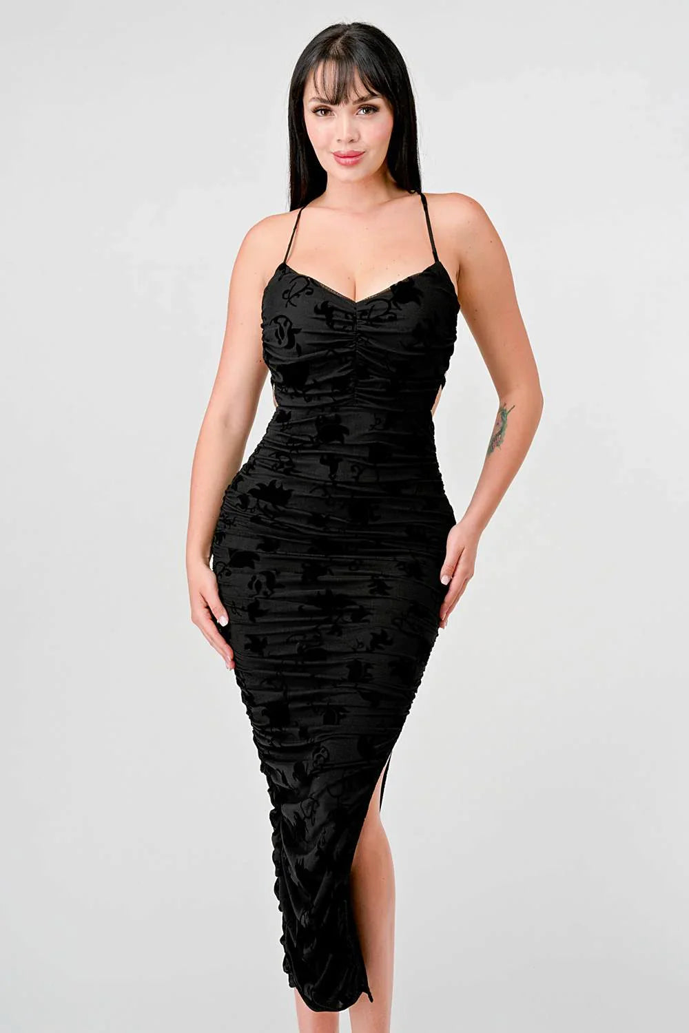 CLASSY MESH VELVET FLOCKING SIDE SLIT DRAWSTRING BACK BODYCON MIDI DRESS Bella Moda Latina