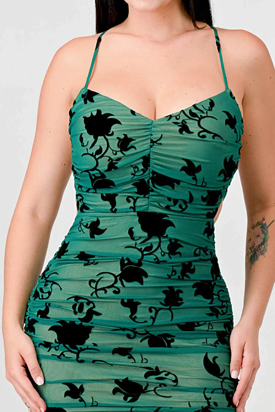 CLASSY MESH VELVET FLOCKING SIDE SLIT DRAWSTRING BACK BODYCON MIDI DRESS Bella Moda Latina