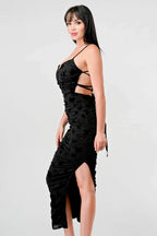 CLASSY MESH VELVET FLOCKING SIDE SLIT DRAWSTRING BACK BODYCON MIDI DRESS Bella Moda Latina