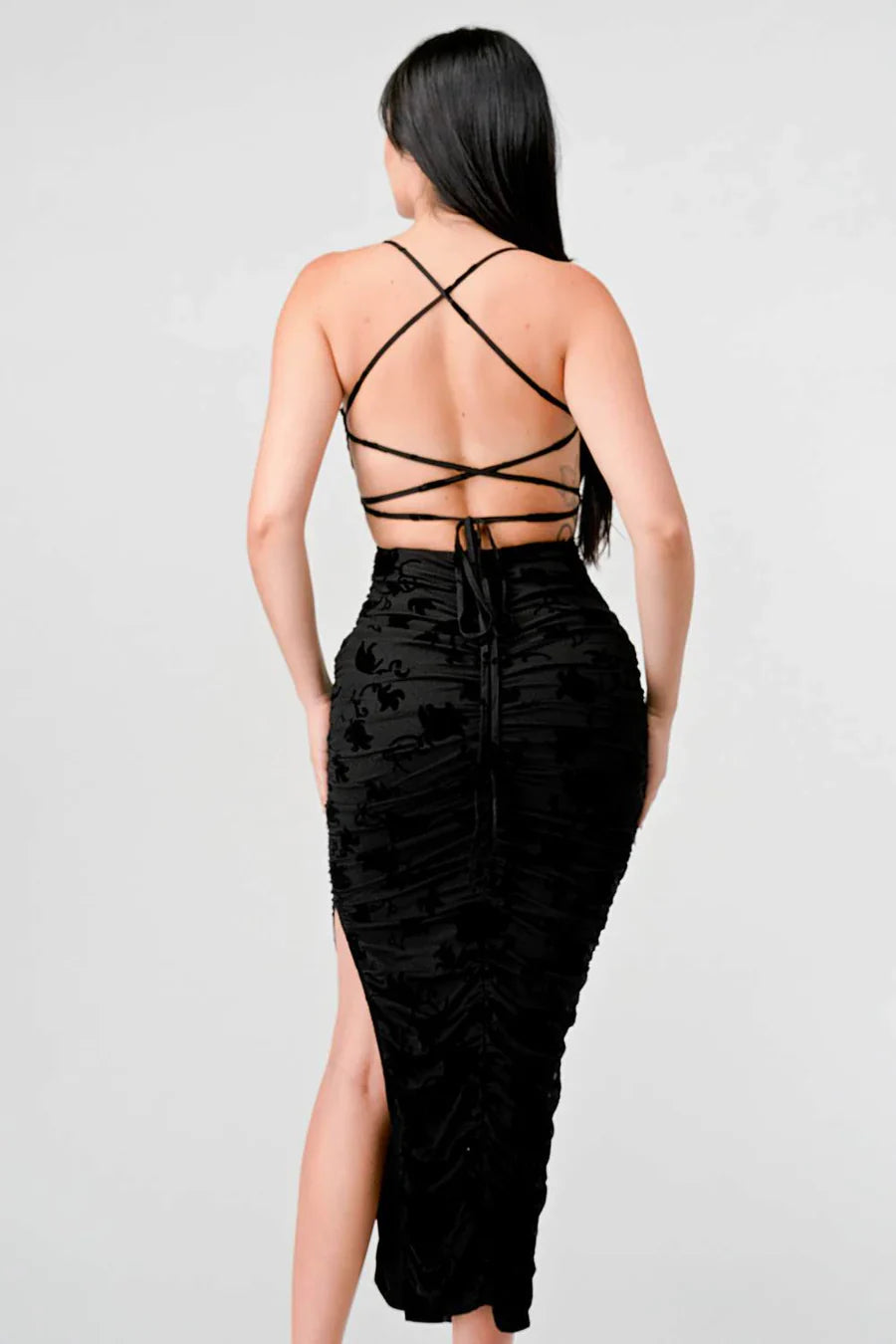 CLASSY MESH VELVET FLOCKING SIDE SLIT DRAWSTRING BACK BODYCON MIDI DRESS Bella Moda Latina