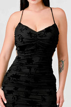 CLASSY MESH VELVET FLOCKING SIDE SLIT DRAWSTRING BACK BODYCON MIDI DRESS Bella Moda Latina