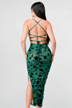 CLASSY MESH VELVET FLOCKING SIDE SLIT DRAWSTRING BACK BODYCON MIDI DRESS Bella Moda Latina