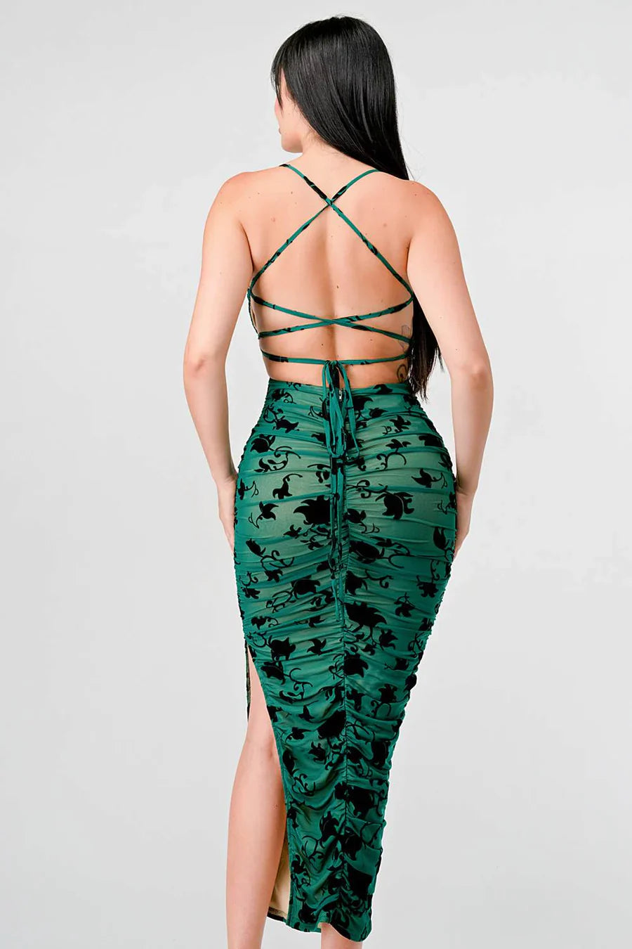 CLASSY MESH VELVET FLOCKING SIDE SLIT DRAWSTRING BACK BODYCON MIDI DRESS Bella Moda Latina