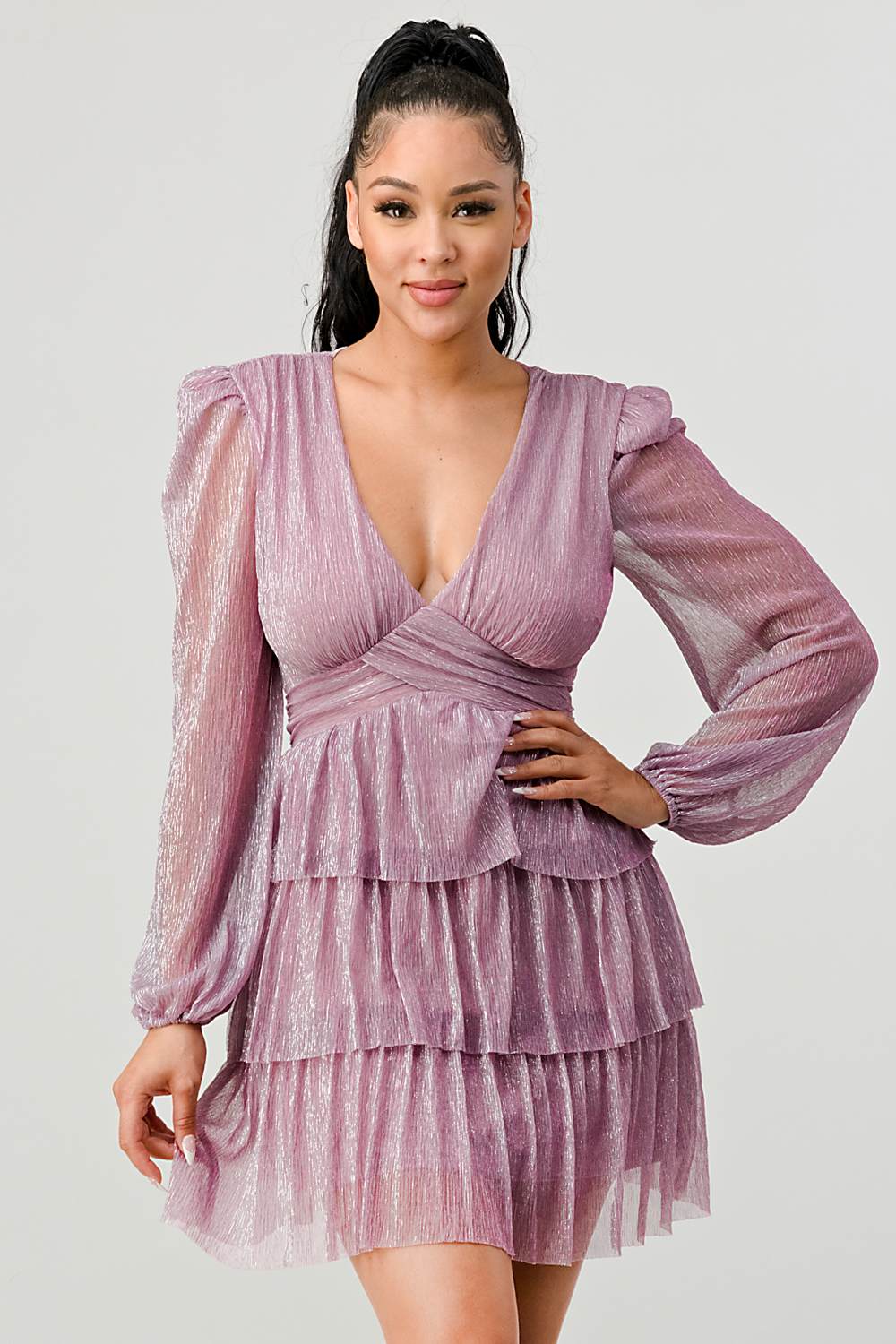 Lux Fantasy Glitter Mini Dress - Deep V-Neck & Tiered Ruffle Skirt Bella Moda Latina