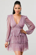 Lux Fantasy Glitter Mini Dress - Deep V-Neck & Tiered Ruffle Skirt Bella Moda Latina