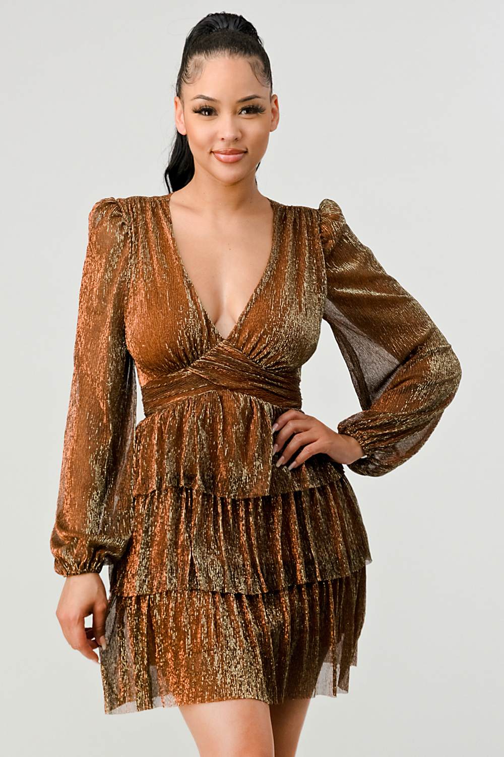 Lux Fantasy Glitter Mini Dress - Deep V-Neck & Tiered Ruffle Skirt Bella Moda Latina