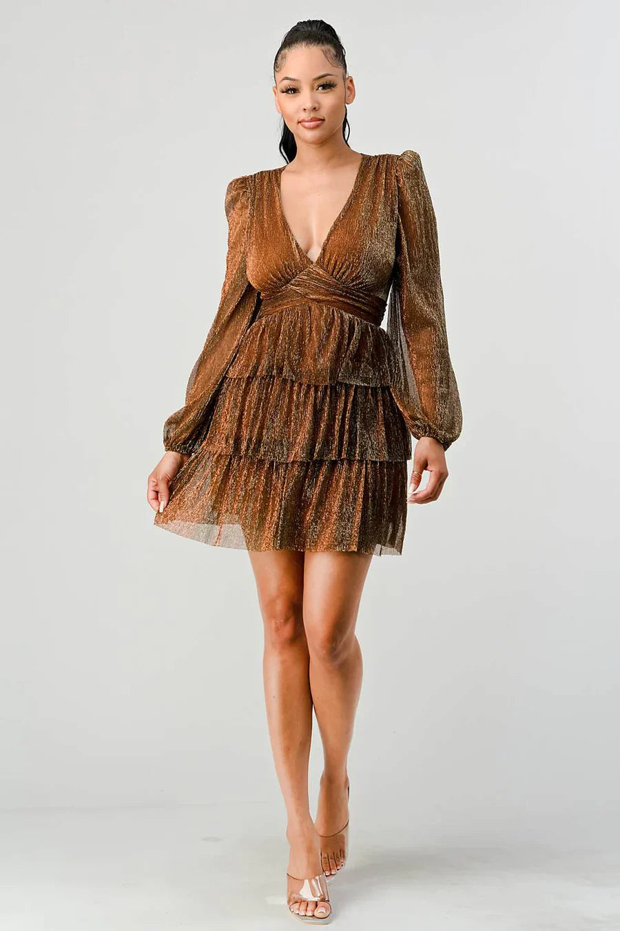 Lux Fantasy Glitter Mini Dress - Deep V-Neck & Tiered Ruffle Skirt Bella Moda Latina