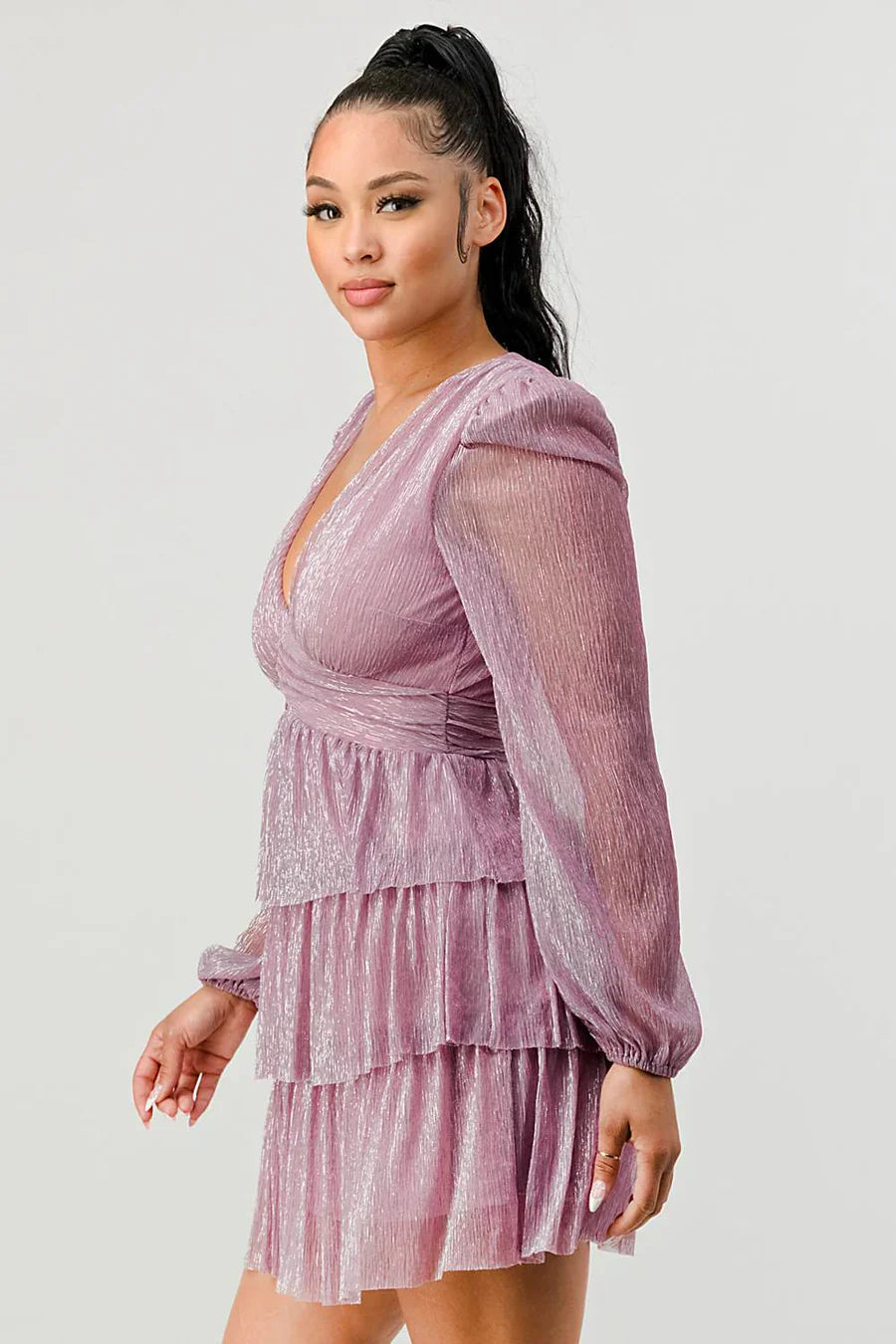 Lux Fantasy Glitter Mini Dress - Deep V-Neck & Tiered Ruffle Skirt Bella Moda Latina