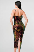 ENCHANTING PATTERN SEQUINS EMBELLISHED BACK SLIT MIDI DRESS Bella Moda Latina