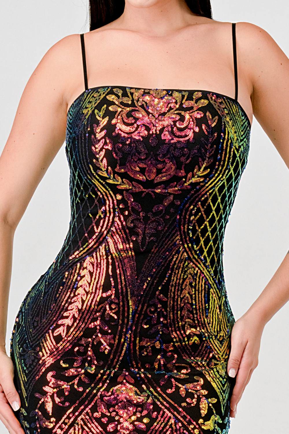 ENCHANTING PATTERN SEQUINS EMBELLISHED BACK SLIT MIDI DRESS Bella Moda Latina