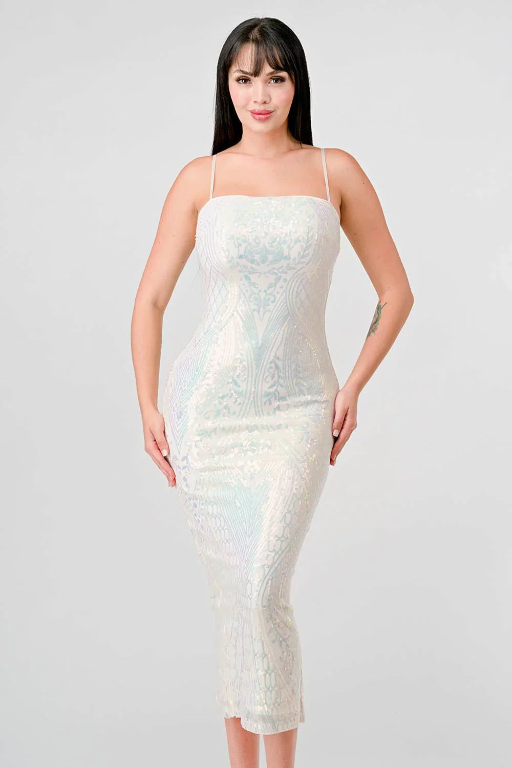 ENCHANTING PATTERN SEQUINS EMBELLISHED BACK SLIT MIDI DRESS Bella Moda Latina