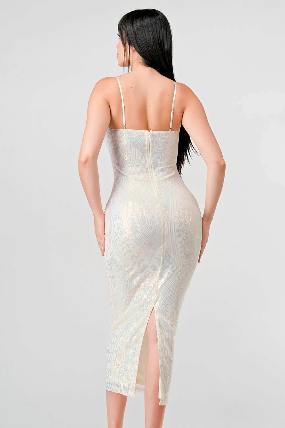 ENCHANTING PATTERN SEQUINS EMBELLISHED BACK SLIT MIDI DRESS Bella Moda Latina