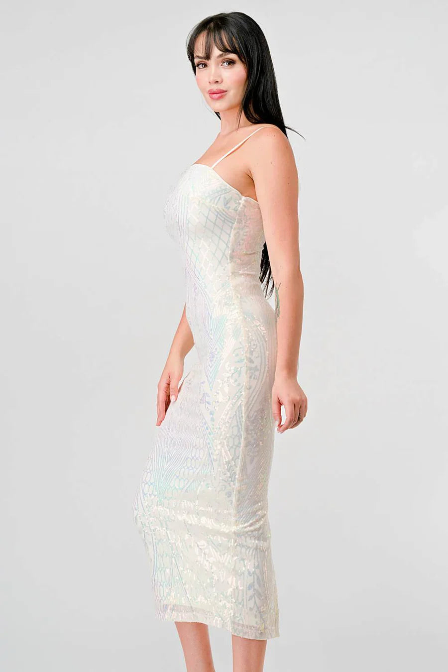 ENCHANTING PATTERN SEQUINS EMBELLISHED BACK SLIT MIDI DRESS Bella Moda Latina