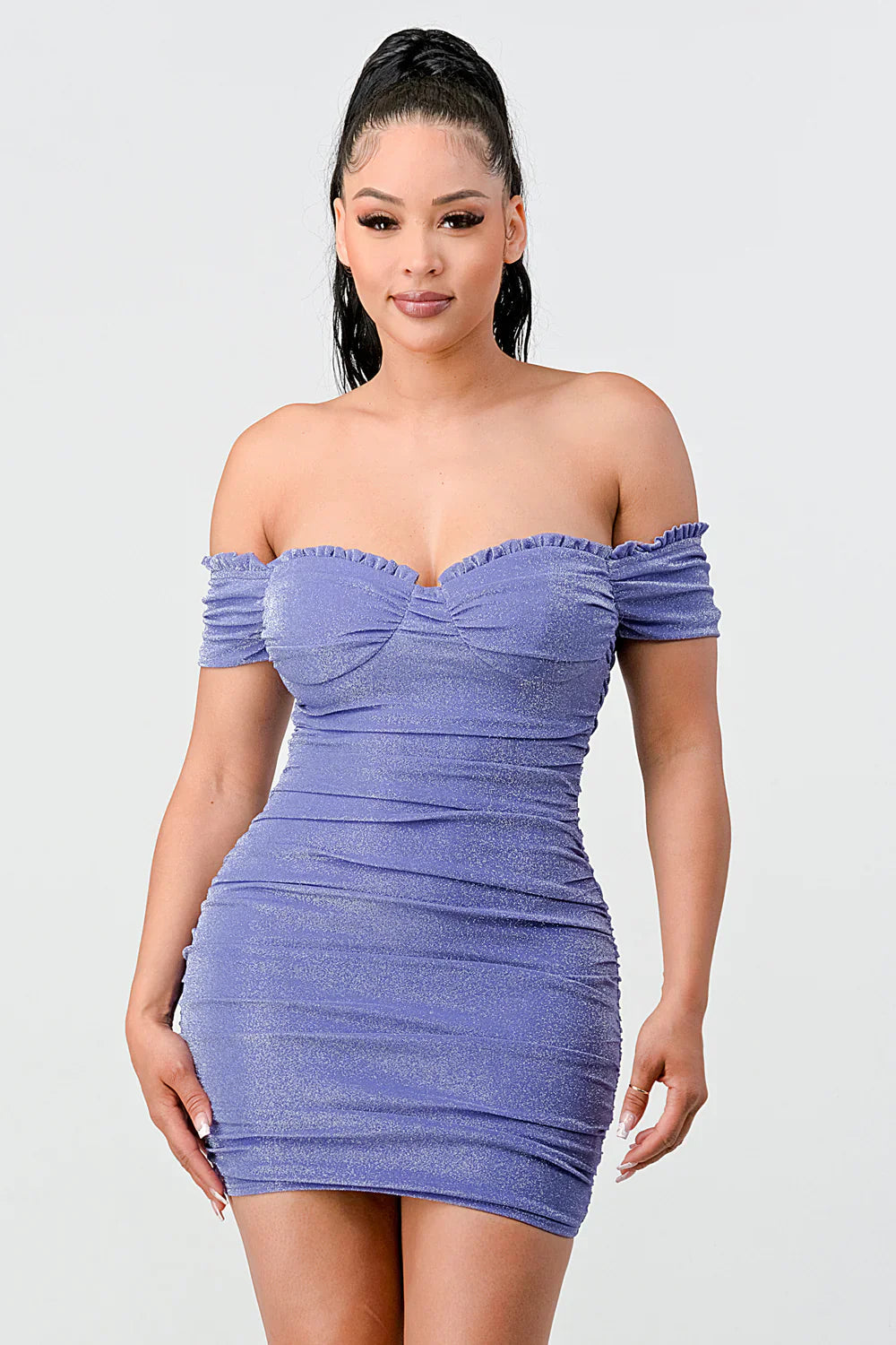 LUX SHINY METALIC GLITTER RUFFLED OFF SHOULDER BODYCON MINI DRESS Bella Moda Latina