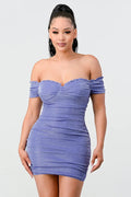LUX SHINY METALIC GLITTER RUFFLED OFF SHOULDER BODYCON MINI DRESS Bella Moda Latina