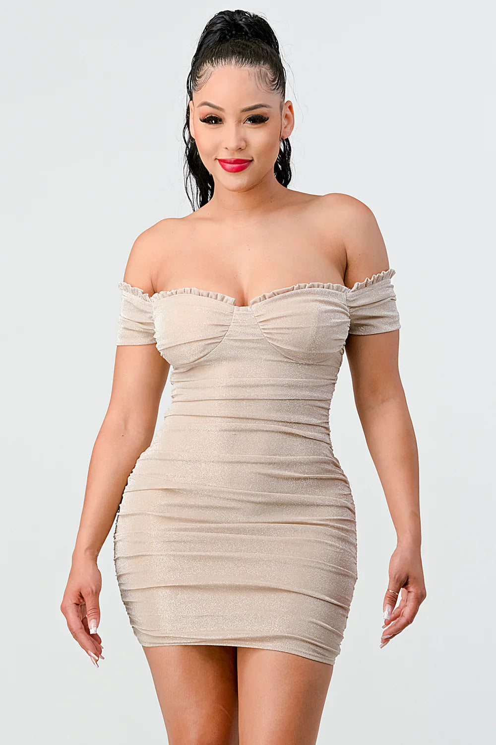 LUX SHINY METALIC GLITTER RUFFLED OFF SHOULDER BODYCON MINI DRESS Bella Moda Latina