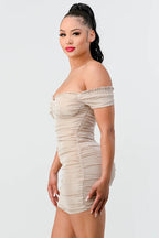 LUX SHINY METALIC GLITTER RUFFLED OFF SHOULDER BODYCON MINI DRESS Bella Moda Latina