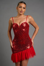 GLAM SEQUINS SHEER TULLE ASYMMETRIC HEM MINI DRESS Bella Moda Latina