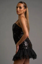 GLAM SEQUINS SHEER TULLE ASYMMETRIC HEM MINI DRESS Bella Moda Latina
