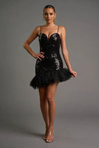 GLAM SEQUINS SHEER TULLE ASYMMETRIC HEM MINI DRESS Bella Moda Latina