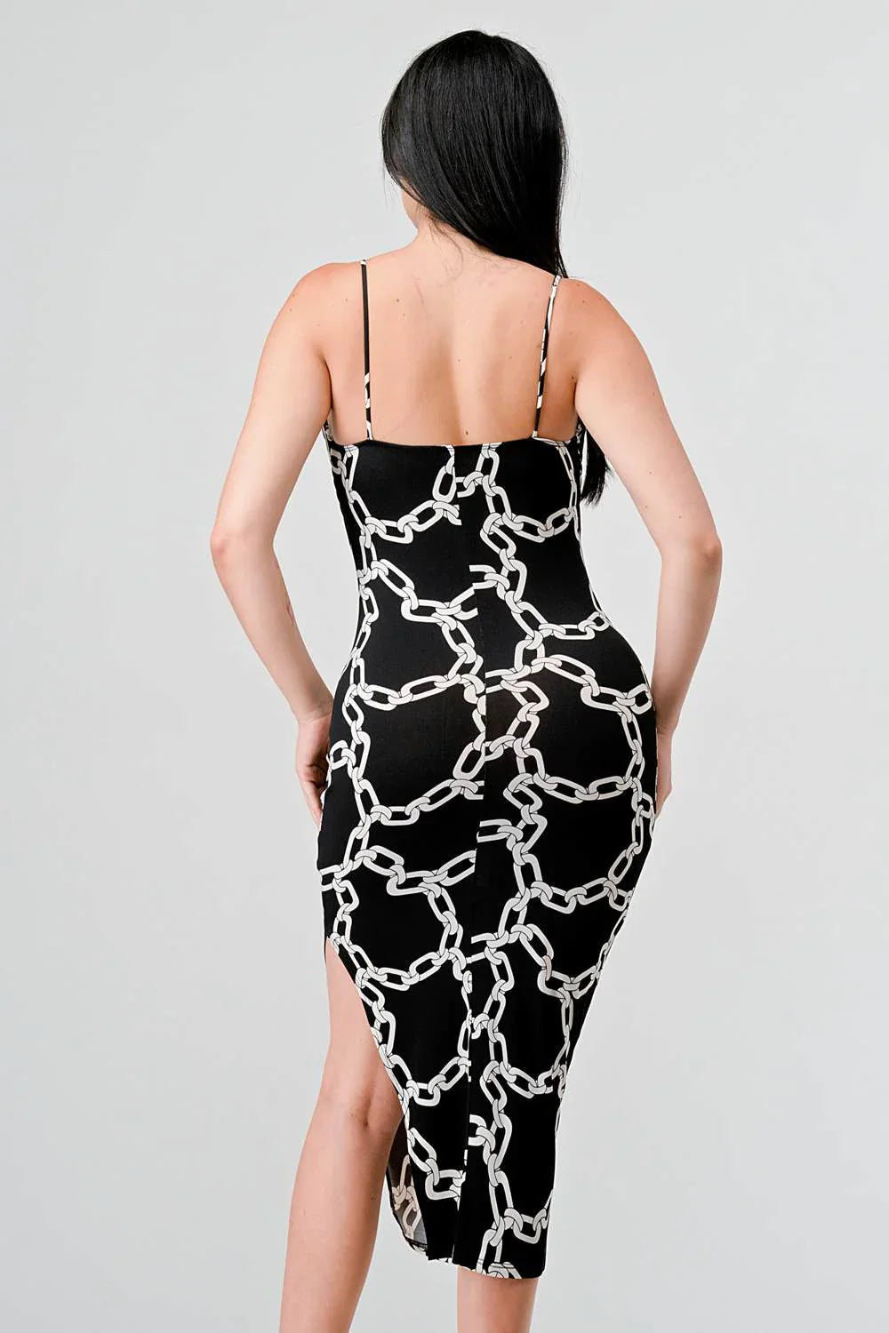 CHIC ALL OVER CHAIN PRINTED SIDE SLIT MIDI DRESS Bella Moda Latina