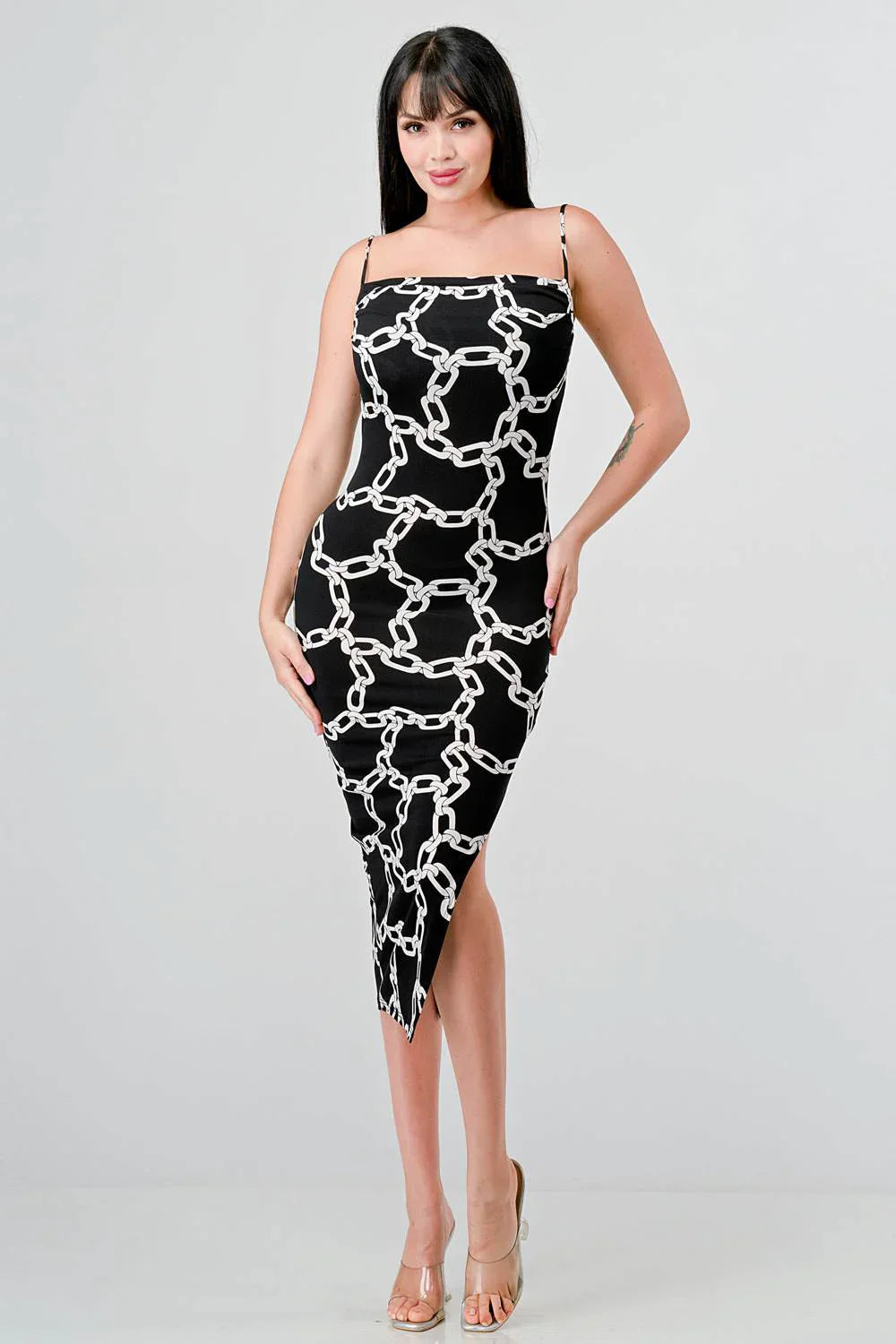 CHIC ALL OVER CHAIN PRINTED SIDE SLIT MIDI DRESS Bella Moda Latina