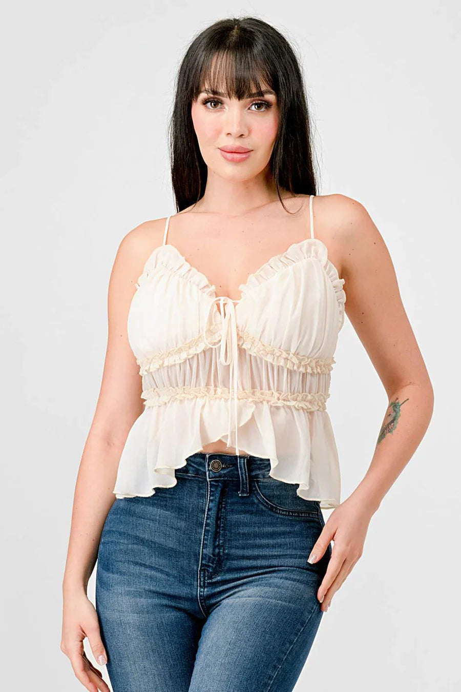 CHEALSEA CHIFFON SWEETHEART SMOCKED BACK RUCHED RUFFLED SHEER CAMI TOP Bella Moda Latina