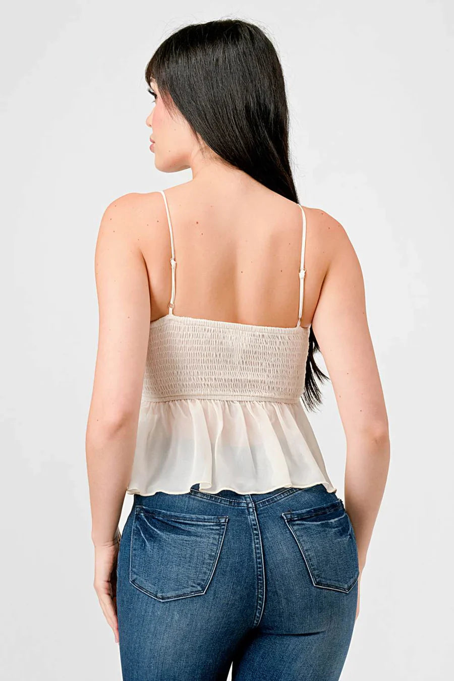 CHEALSEA CHIFFON SWEETHEART SMOCKED BACK RUCHED RUFFLED SHEER CAMI TOP Bella Moda Latina