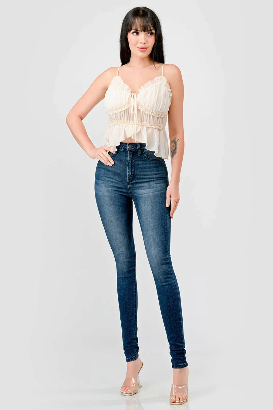 CHEALSEA CHIFFON SWEETHEART SMOCKED BACK RUCHED RUFFLED SHEER CAMI TOP Bella Moda Latina
