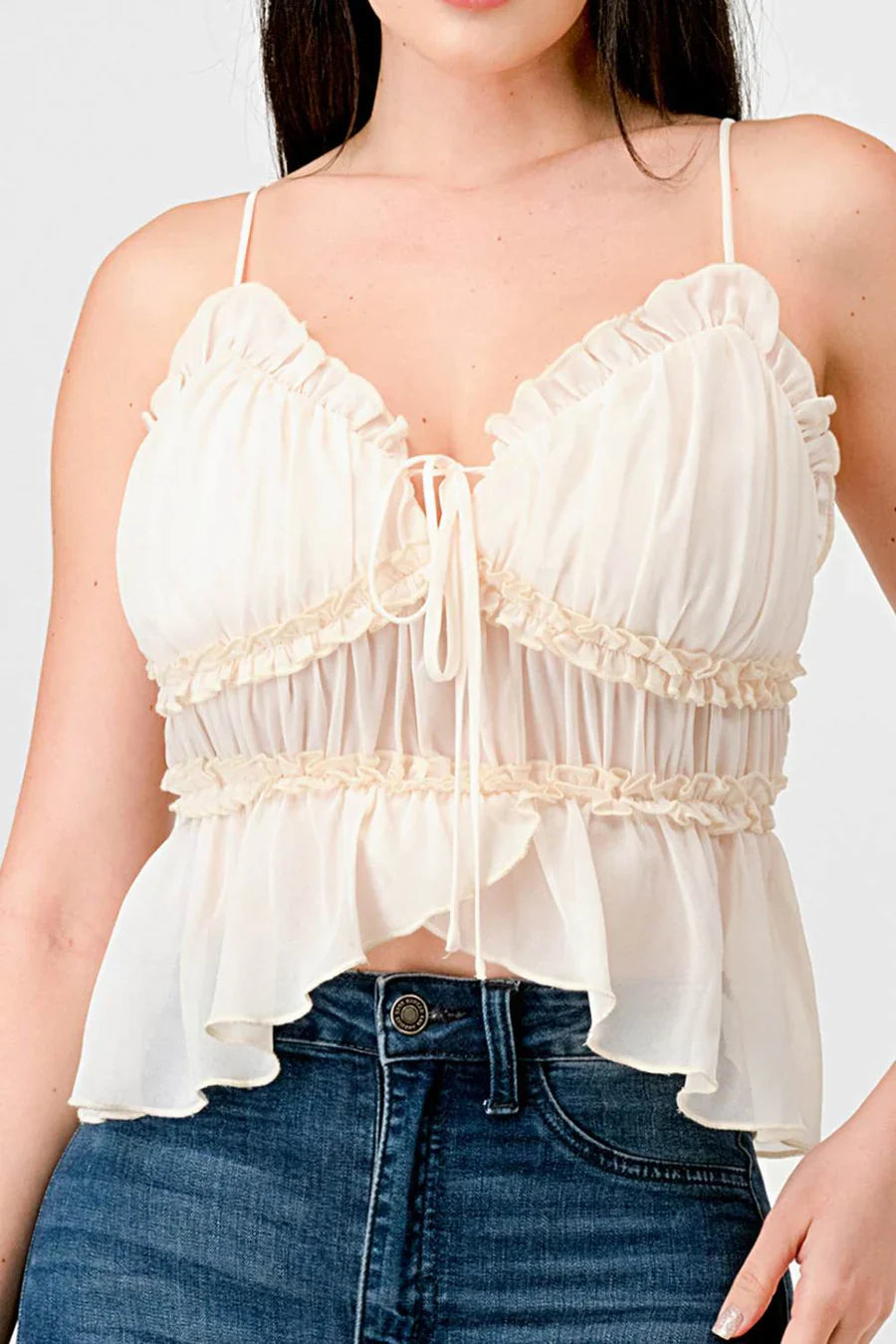 CHEALSEA CHIFFON SWEETHEART SMOCKED BACK RUCHED RUFFLED SHEER CAMI TOP Bella Moda Latina