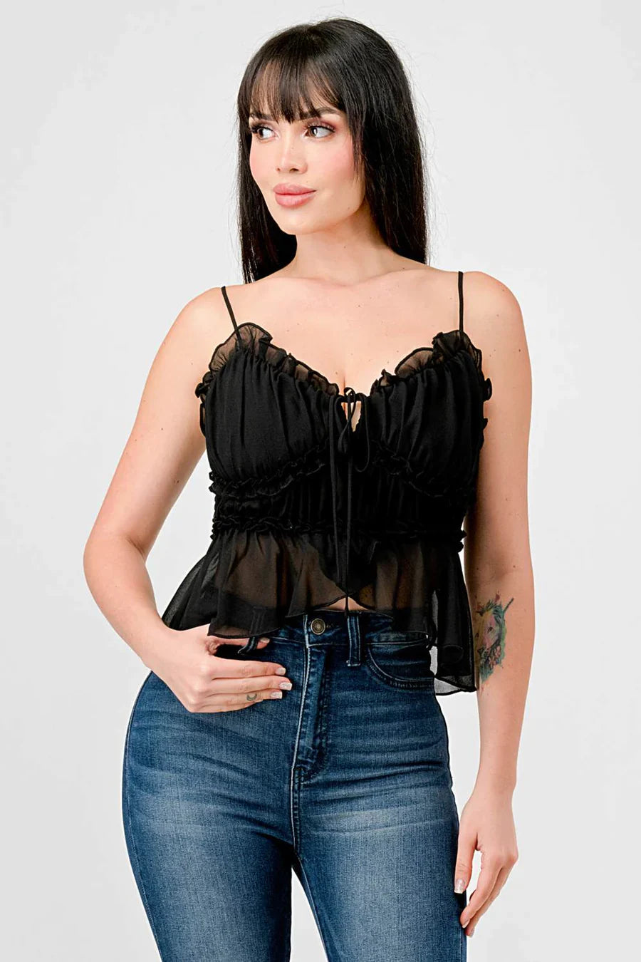 CHEALSEA CHIFFON SWEETHEART SMOCKED BACK RUCHED RUFFLED SHEER CAMI TOP Bella Moda Latina