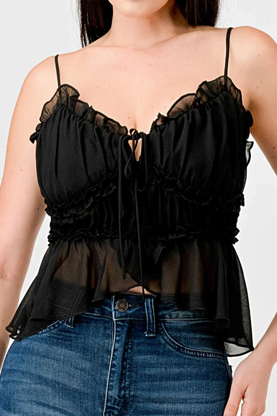 CHEALSEA CHIFFON SWEETHEART SMOCKED BACK RUCHED RUFFLED SHEER CAMI TOP Bella Moda Latina