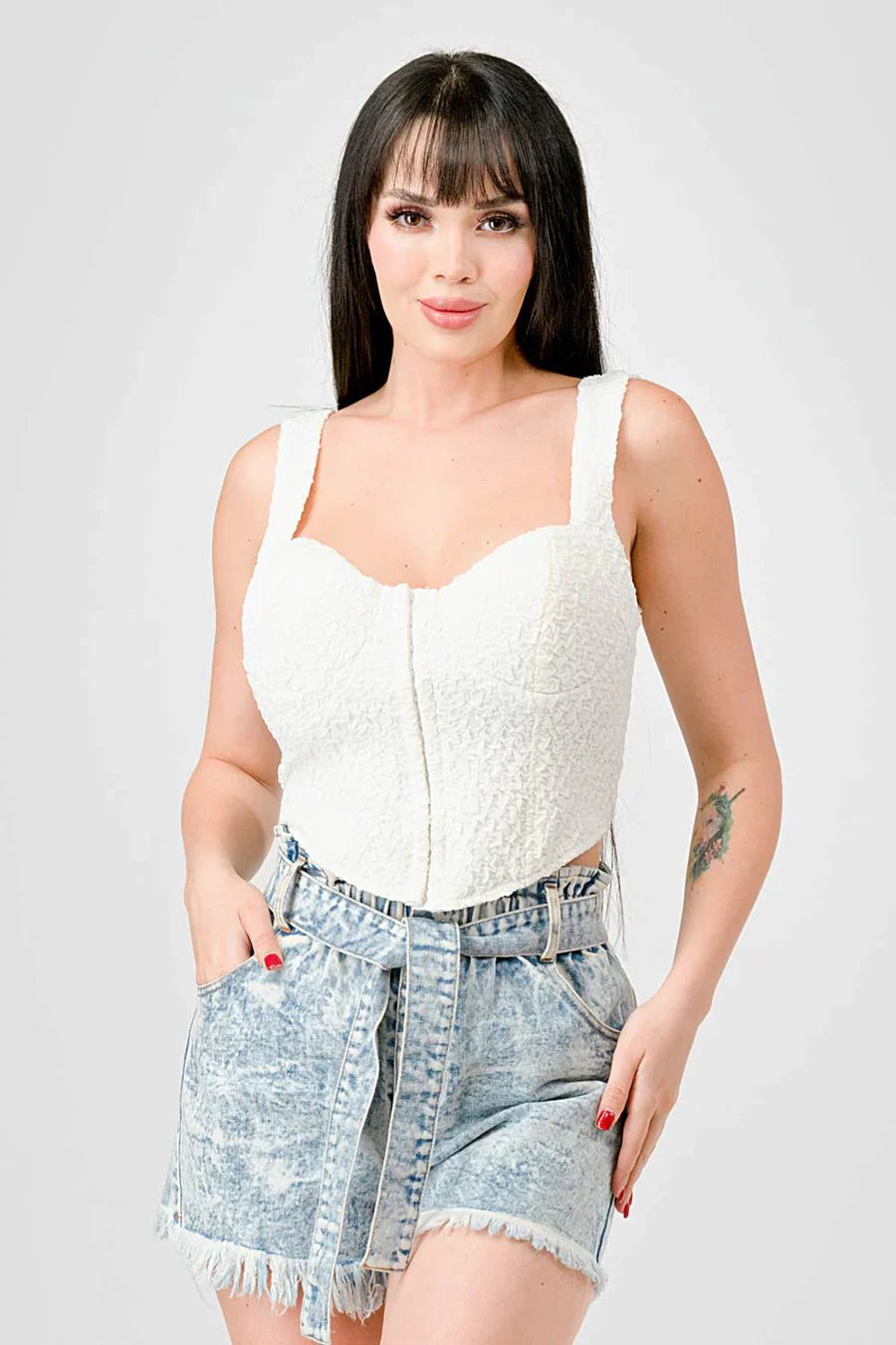 CRINKLE STRETCH KNIT SWEETHEART HOOKED BUSTIER CROPPED TOP Bella Moda Latina