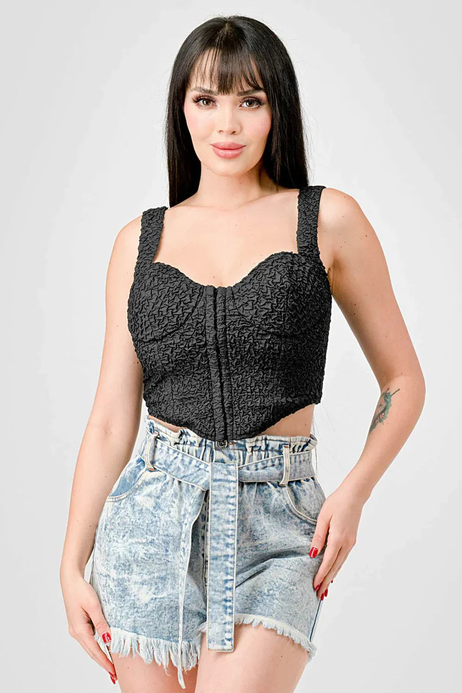 CRINKLE STRETCH KNIT SWEETHEART HOOKED BUSTIER CROPPED TOP Bella Moda Latina
