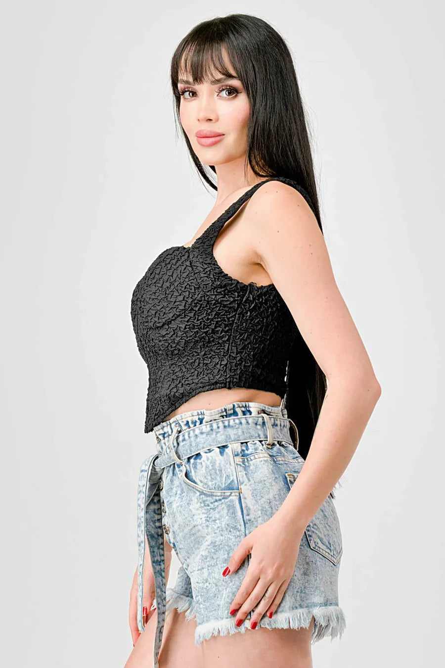 CRINKLE STRETCH KNIT SWEETHEART HOOKED BUSTIER CROPPED TOP Bella Moda Latina