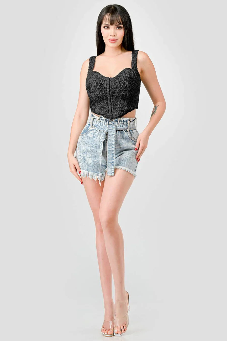 CRINKLE STRETCH KNIT SWEETHEART HOOKED BUSTIER CROPPED TOP Bella Moda Latina