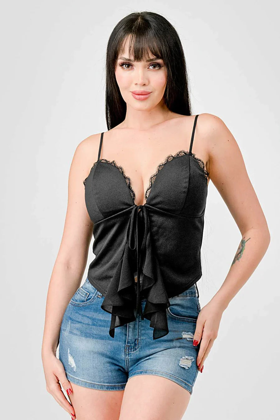 LACE TRIM SWEETHEART DRAWSTRING BOW TIE RUFFLED DRAPED CAMI TOP Bella Moda Latina