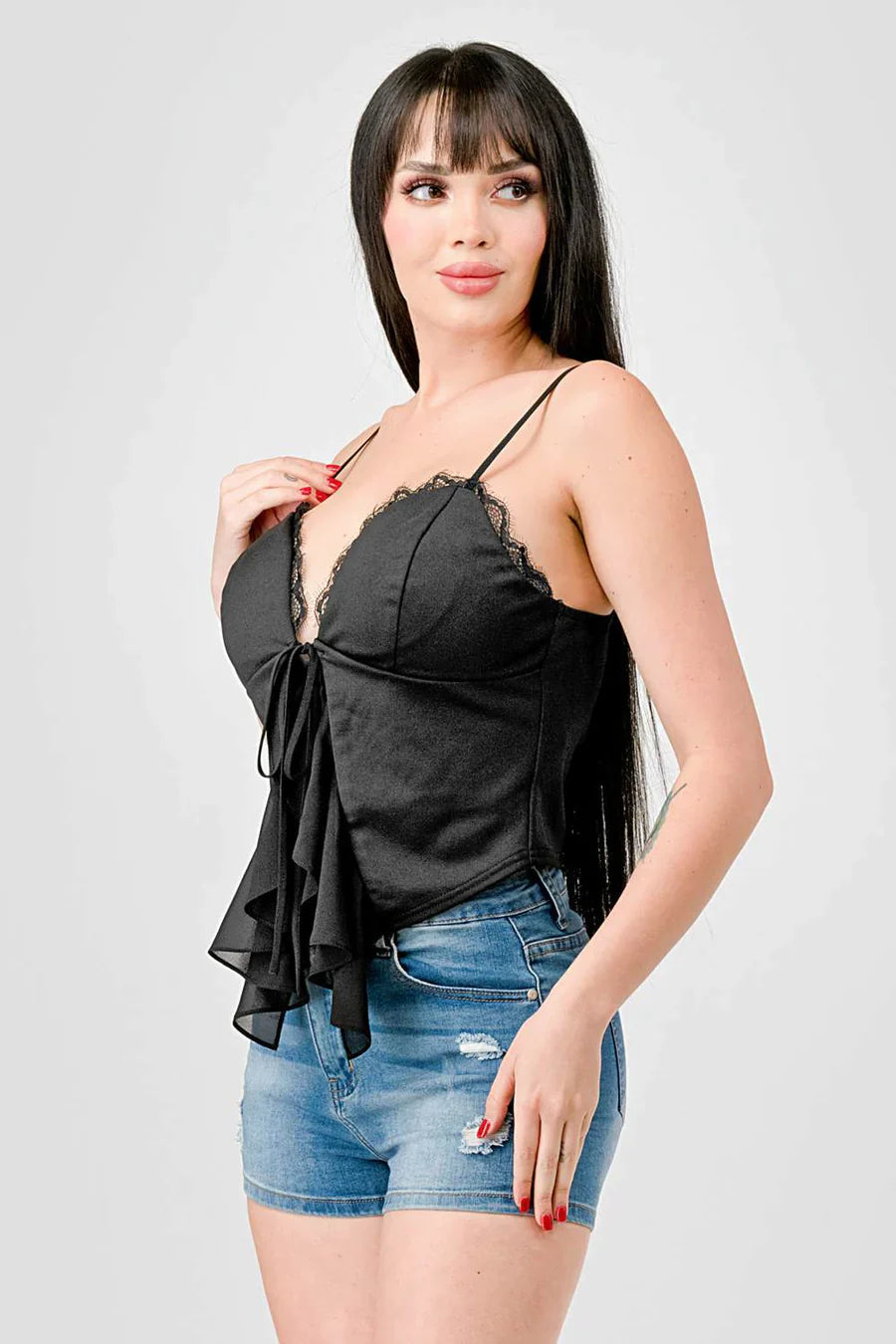 LACE TRIM SWEETHEART DRAWSTRING BOW TIE RUFFLED DRAPED CAMI TOP Bella Moda Latina