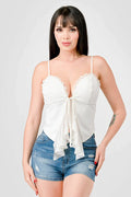 LACE TRIM SWEETHEART DRAWSTRING BOW TIE RUFFLED DRAPED CAMI TOP Bella Moda Latina