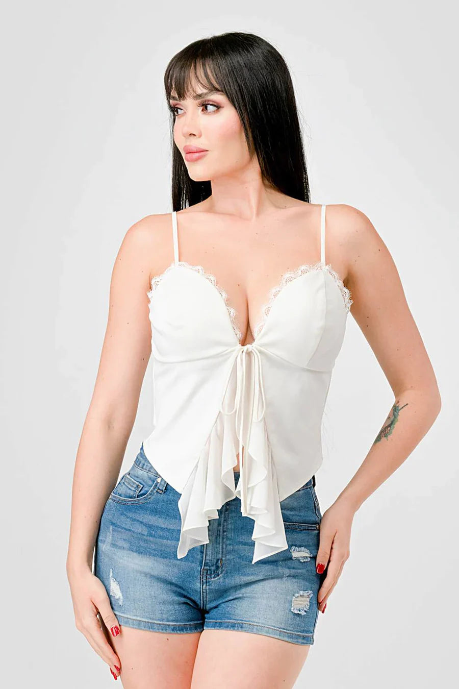 LACE TRIM SWEETHEART DRAWSTRING BOW TIE RUFFLED DRAPED CAMI TOP Bella Moda Latina