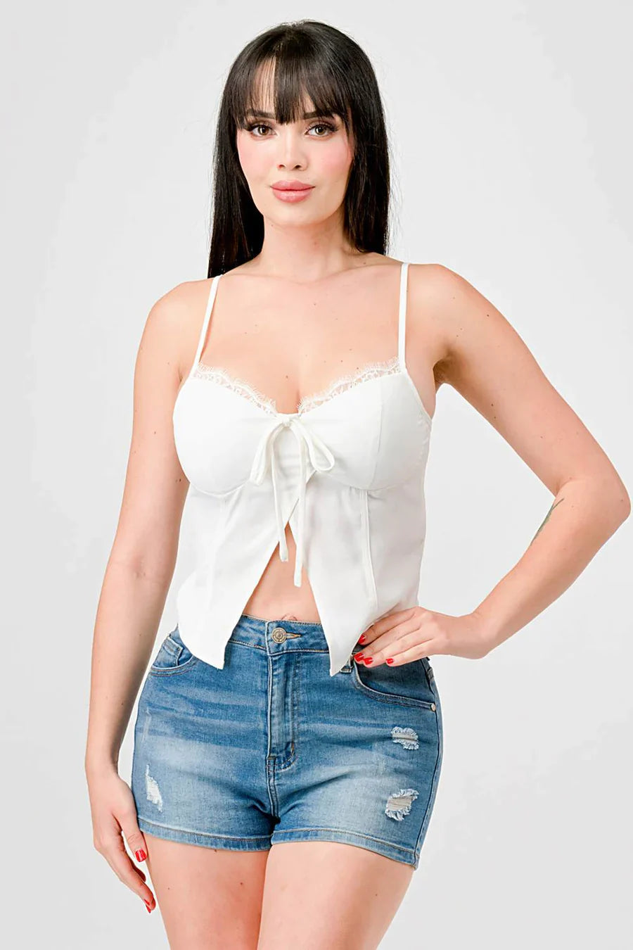 LUXE LACE TRIM SWEETHEART DRAWSTRING BOW ZIPPER CLOSURE BACK CAMI TOP Bella Moda Latina