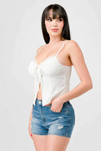 LUXE LACE TRIM SWEETHEART DRAWSTRING BOW ZIPPER CLOSURE BACK CAMI TOP Bella Moda Latina